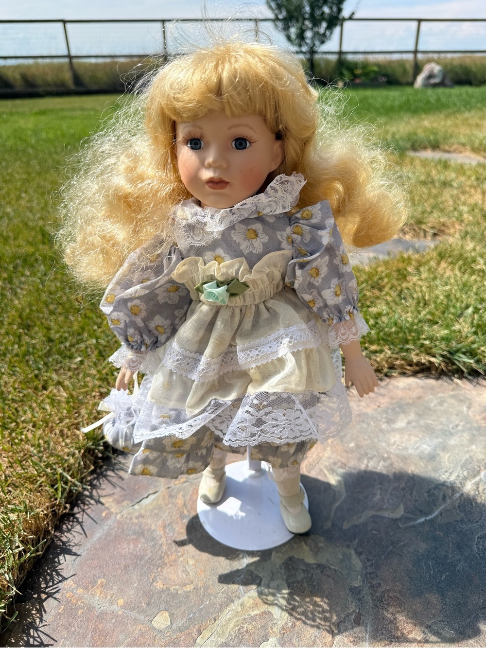 Blonde Porcelain Girl Doll in Gray Daisy Dress - Kids Toys